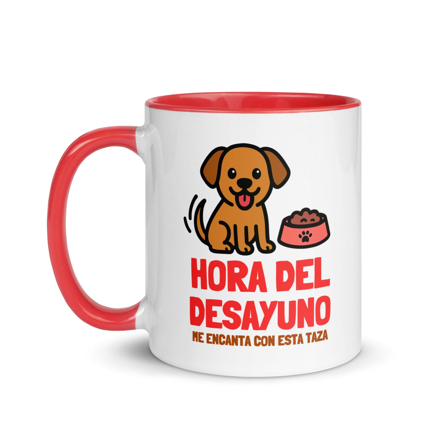 Taza con frase “Hora del desayuno. Me encanta con esta taza” y dibujo de perro
