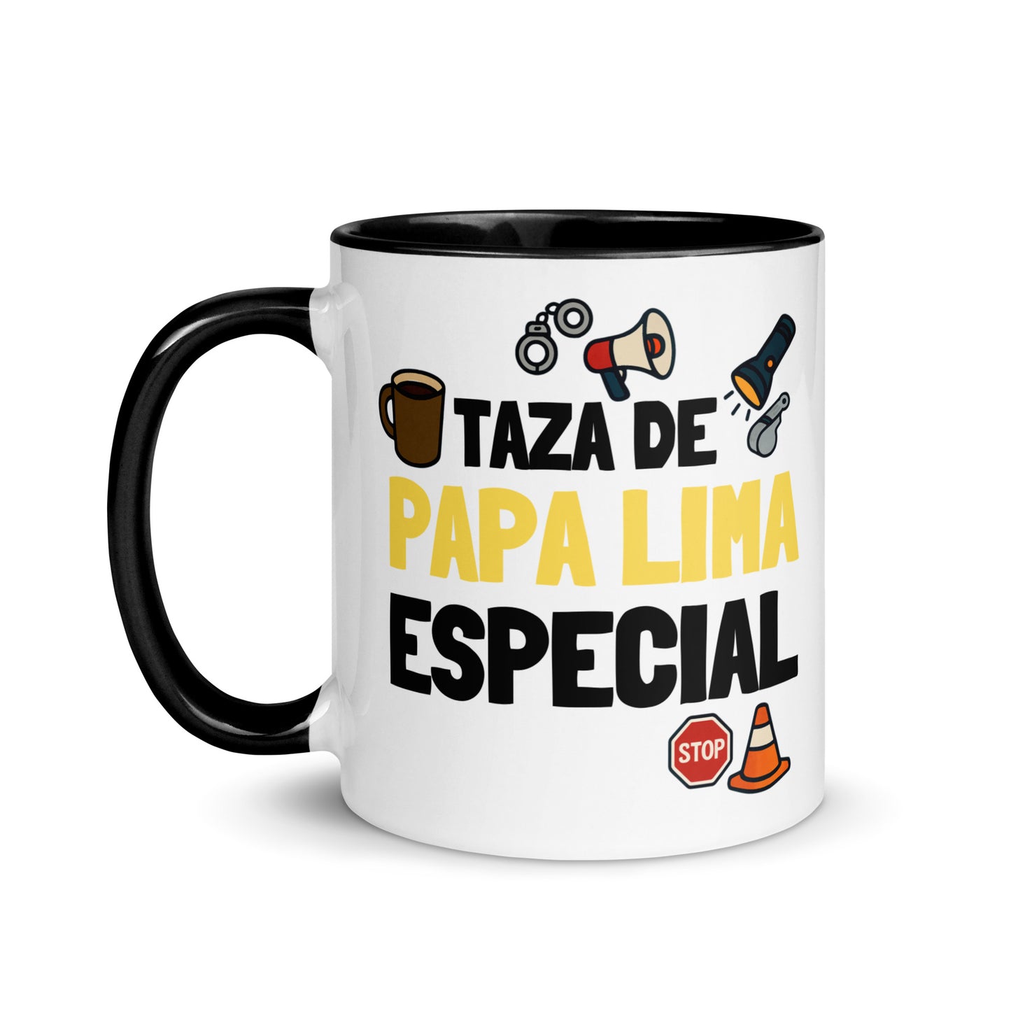 Taza con frase “Taza de papa lima especial” para policía local