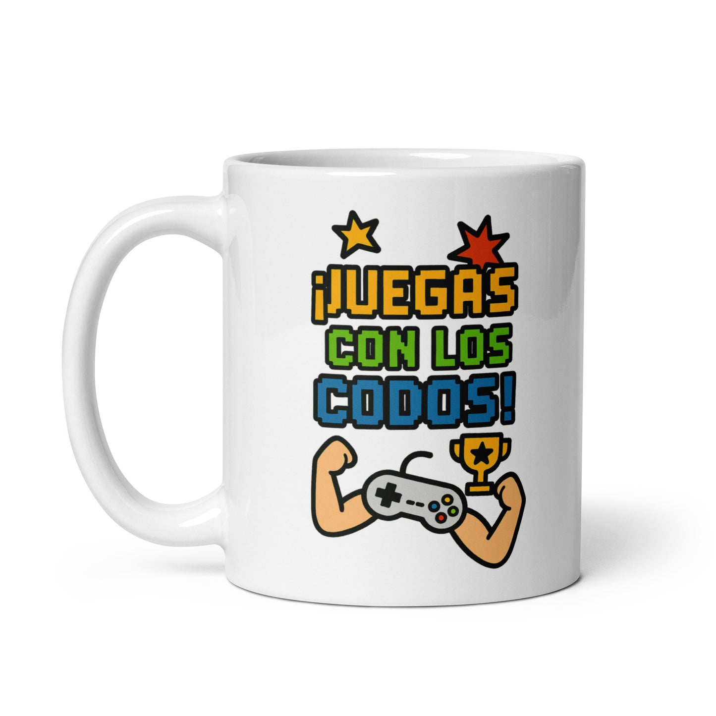 Taza con mensaje “Juegas con los codos” para jugadores con humor