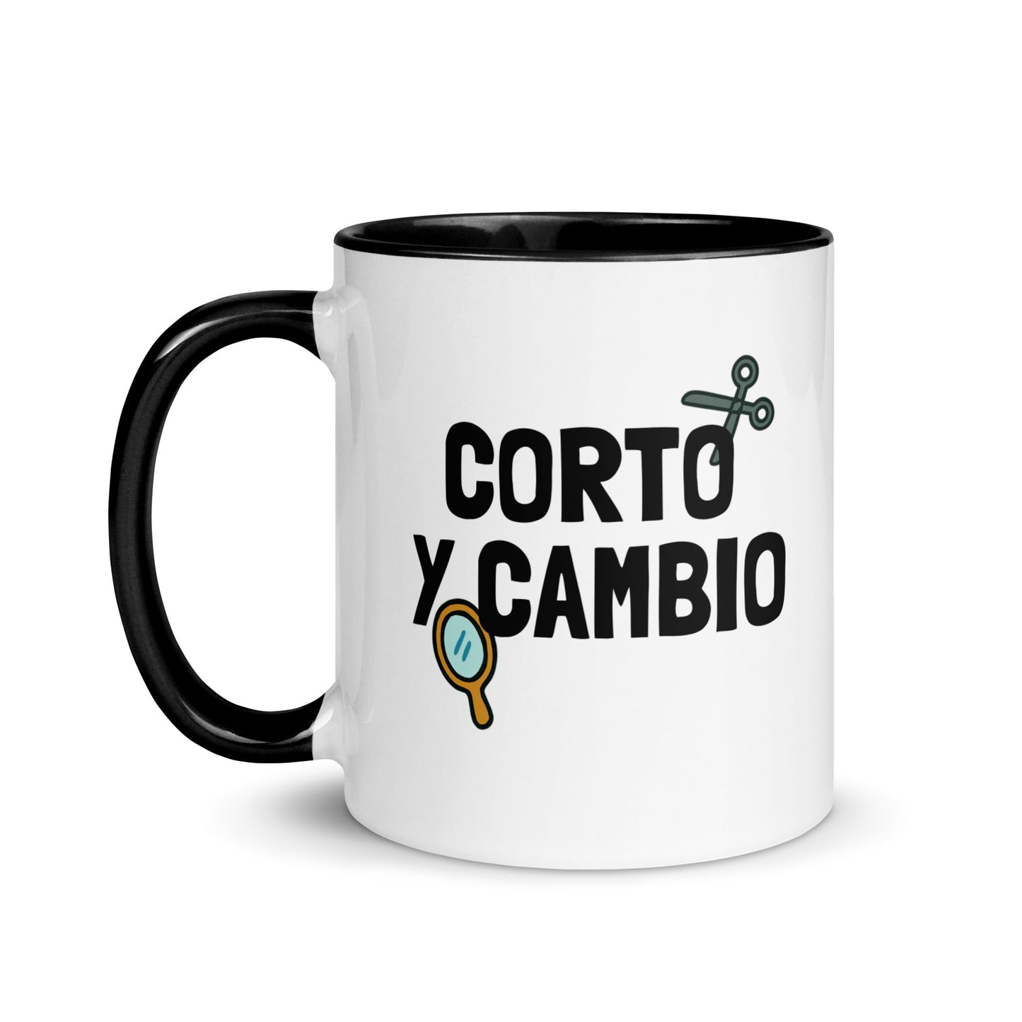 Taza con frase “Corto y cambio” en letras grandes y llamativas