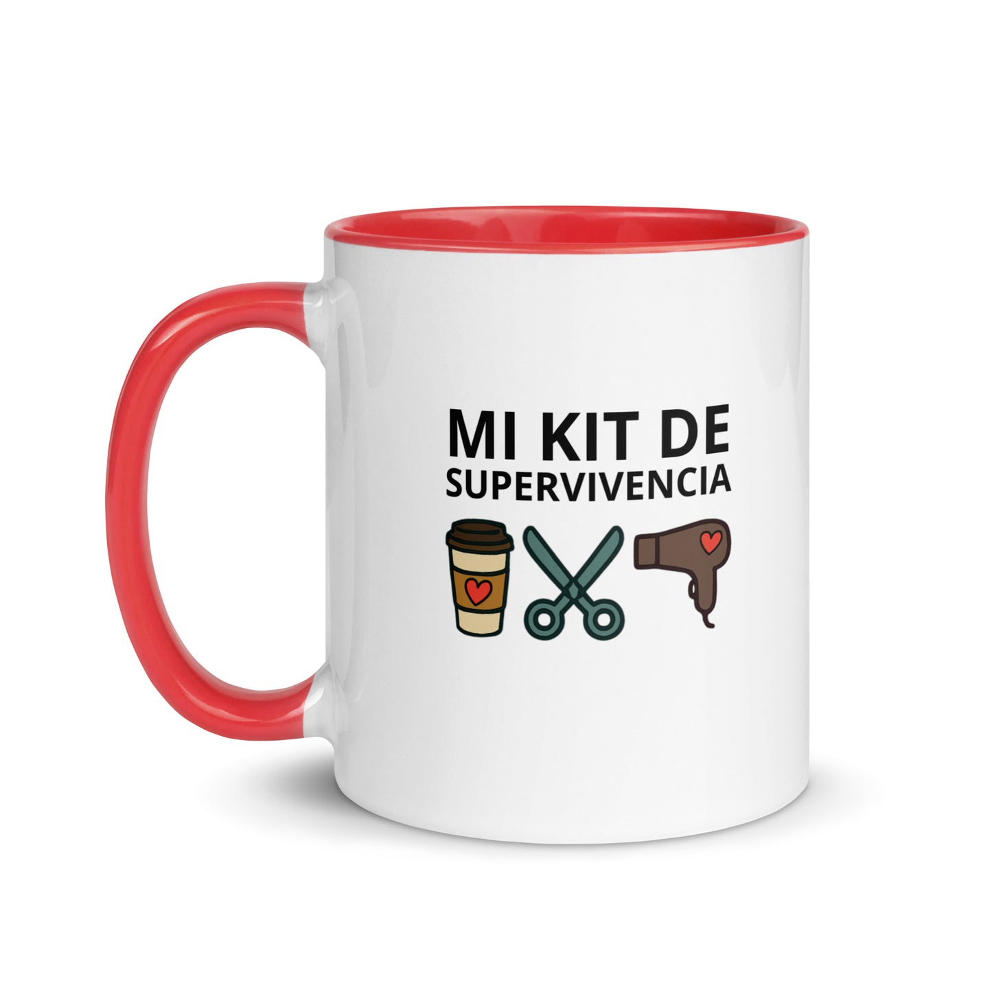 Taza con ilustración de secador, café y tijeras, estilo divertido