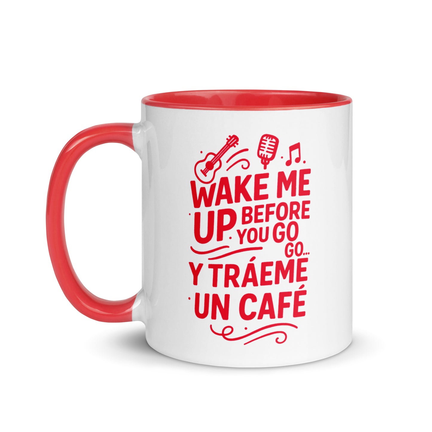 Taza con frase “Wake me up before you go-go y tráeme un café” para fans del pop