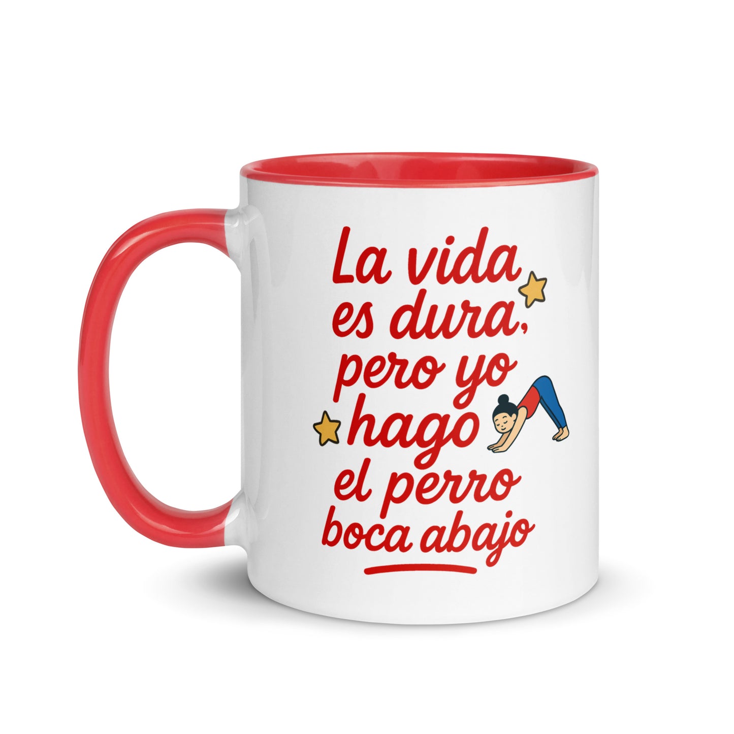 Taza yoga con frase “La vida es dura, pero yo hago el perro boca abajo”