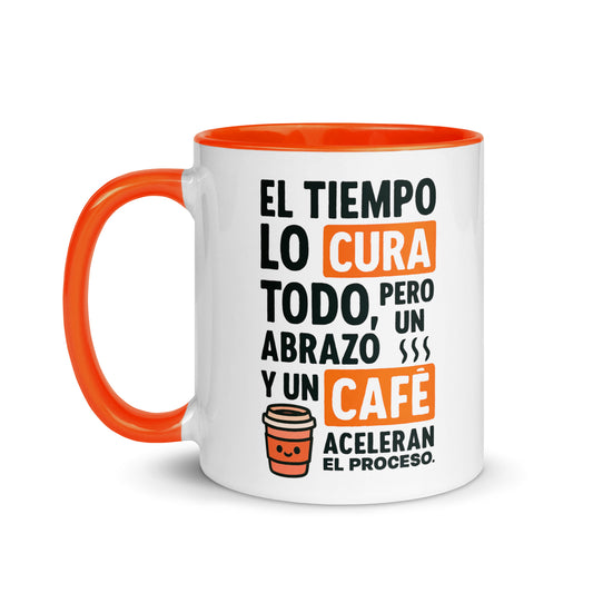 Taza con frase “El tiempo lo cura todo, pero un abrazo y un café aceleran el proceso” para regalar apoyo