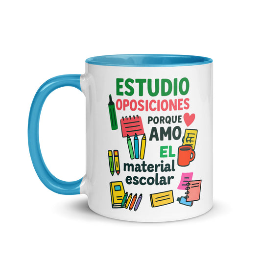 Taza con frase “Estudio oposiciones porque amo el material escolar” para opositores organizados