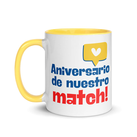 Taza con frase “Aniversario de nuestro match!” para parejas