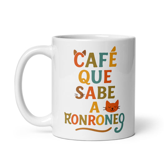 Taza con frase “Café que sabe a ronroneo” para amantes de los gatos