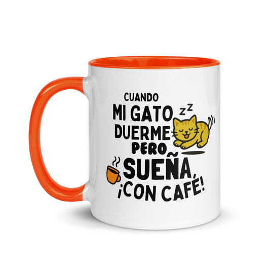 Taza con frase “Cuando mi gato duerme pero sueña ¡con café!”