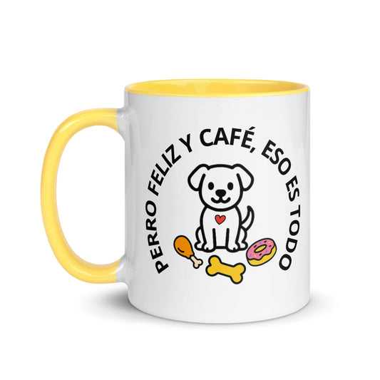 Taza con frase “Perro feliz y café, eso es todo”