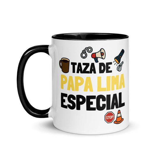 Taza con frase “Taza de papa lima especial” para policía local
