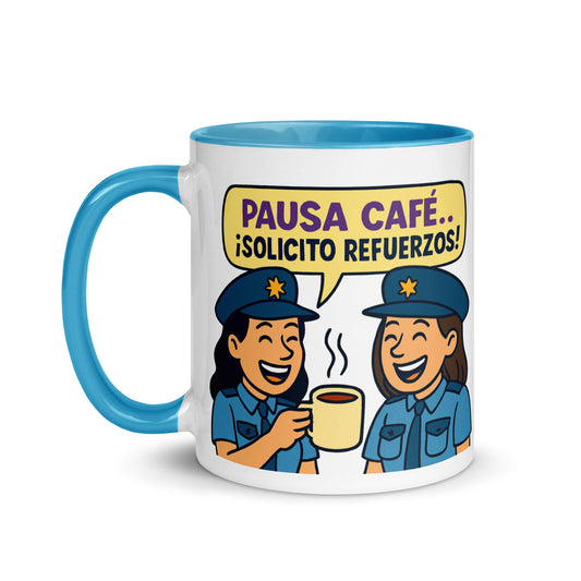 Taza con frase “Pausa café... ¡Solicito refuerzos!” para policías