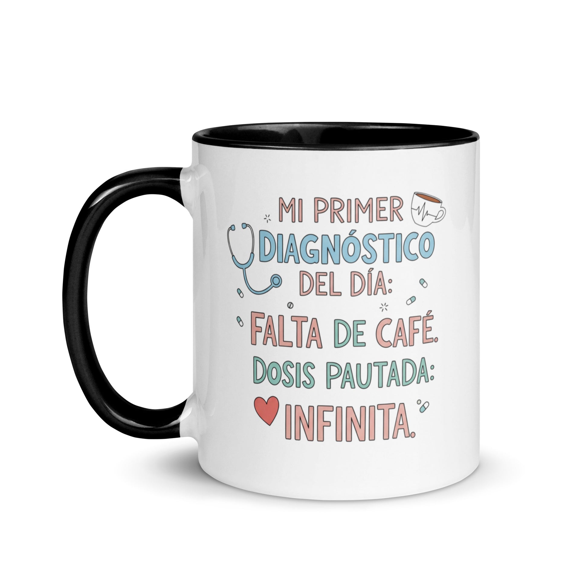 Taza con frase “Falta de café. Dosis pautada: infinita” para sanitarios