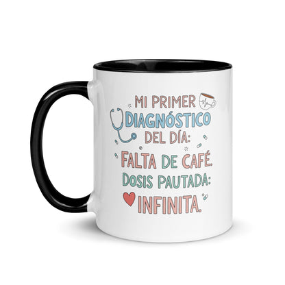 Taza con frase “Falta de café. Dosis pautada: infinita” para sanitarios
