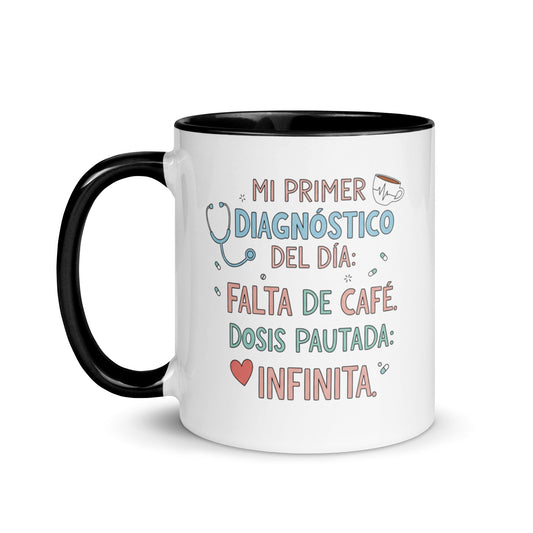 Taza con frase “Falta de café. Dosis pautada: infinita” para sanitarios