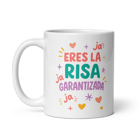 Taza con frase “Eres la risa garantizada” para regalar a amigos que siempre sacan sonrisas