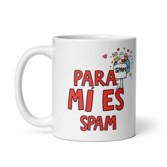 Taza con frase “Para mí es spam” para desamor con humor techie