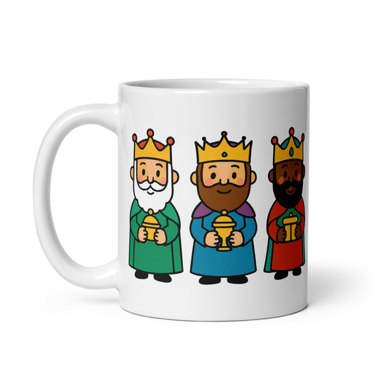 Taza con ilustración de los Reyes Magos de Oriente, con felicitación.