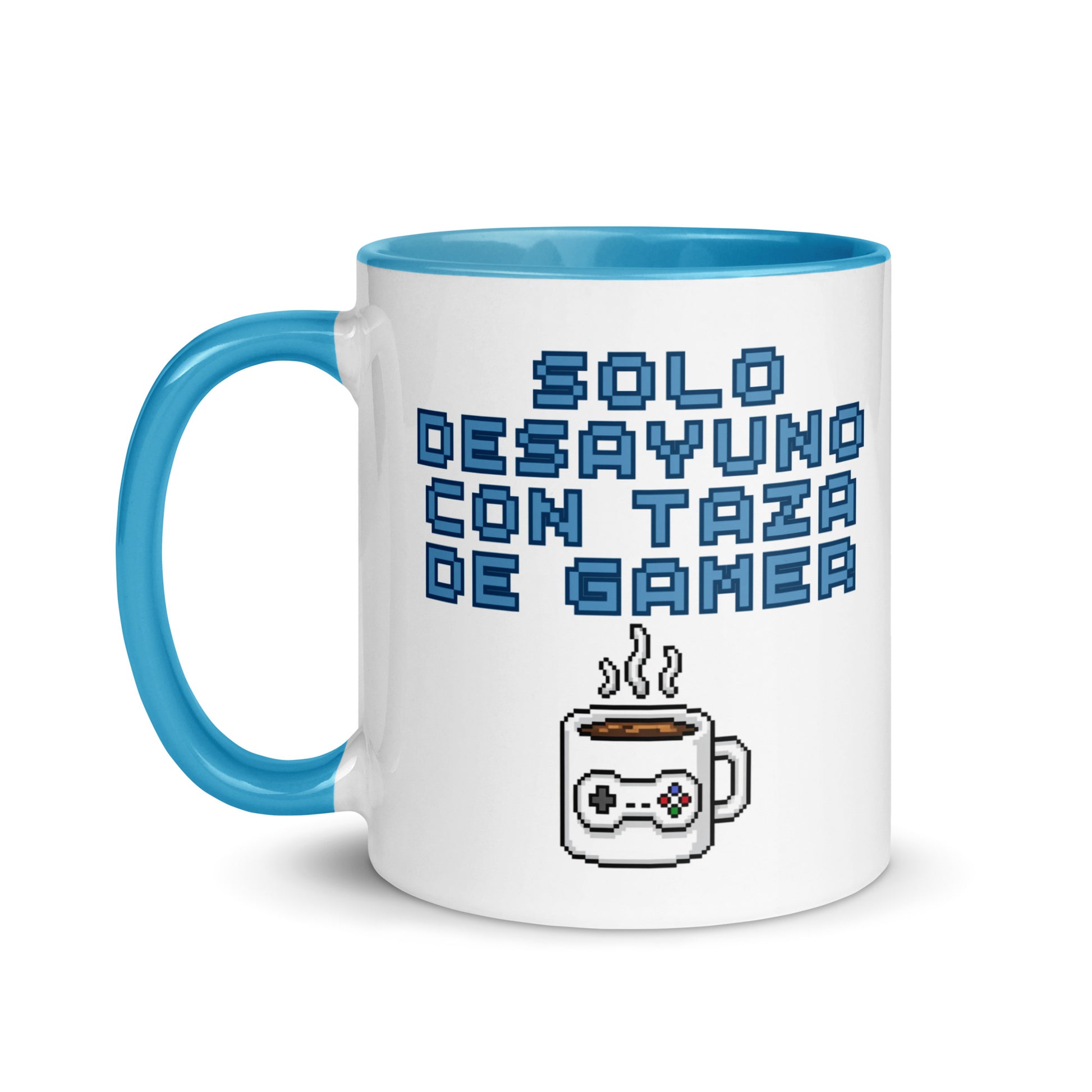Taza con mensaje “Solo desayuno con taza de gamer” para jugadores