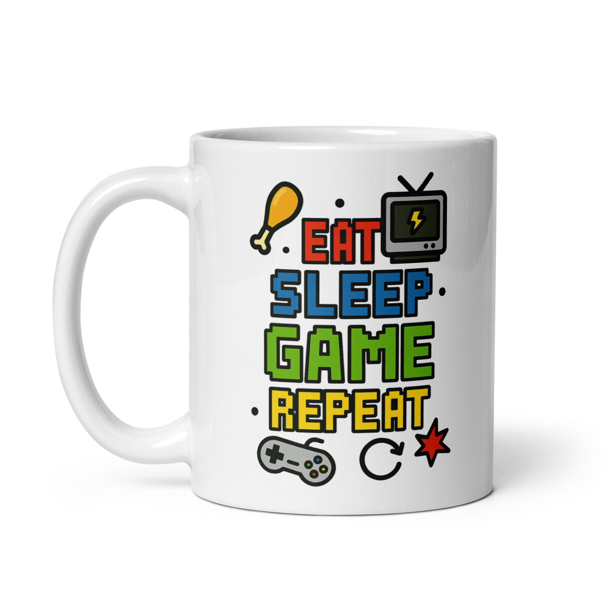 Taza con mensaje “Eat, sleep, game, repeat” para jugadores
