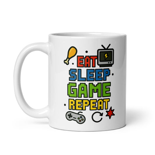 Taza con mensaje “Eat, sleep, game, repeat” para jugadores