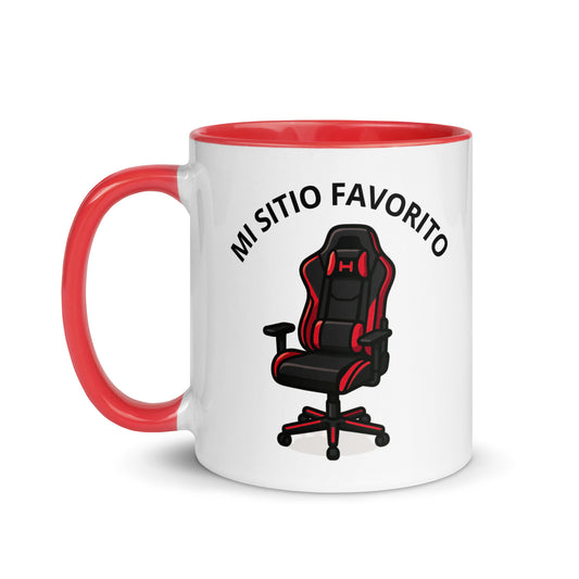 Taza con dibujo de silla gamer y mensaje “Mi sitio favorito”