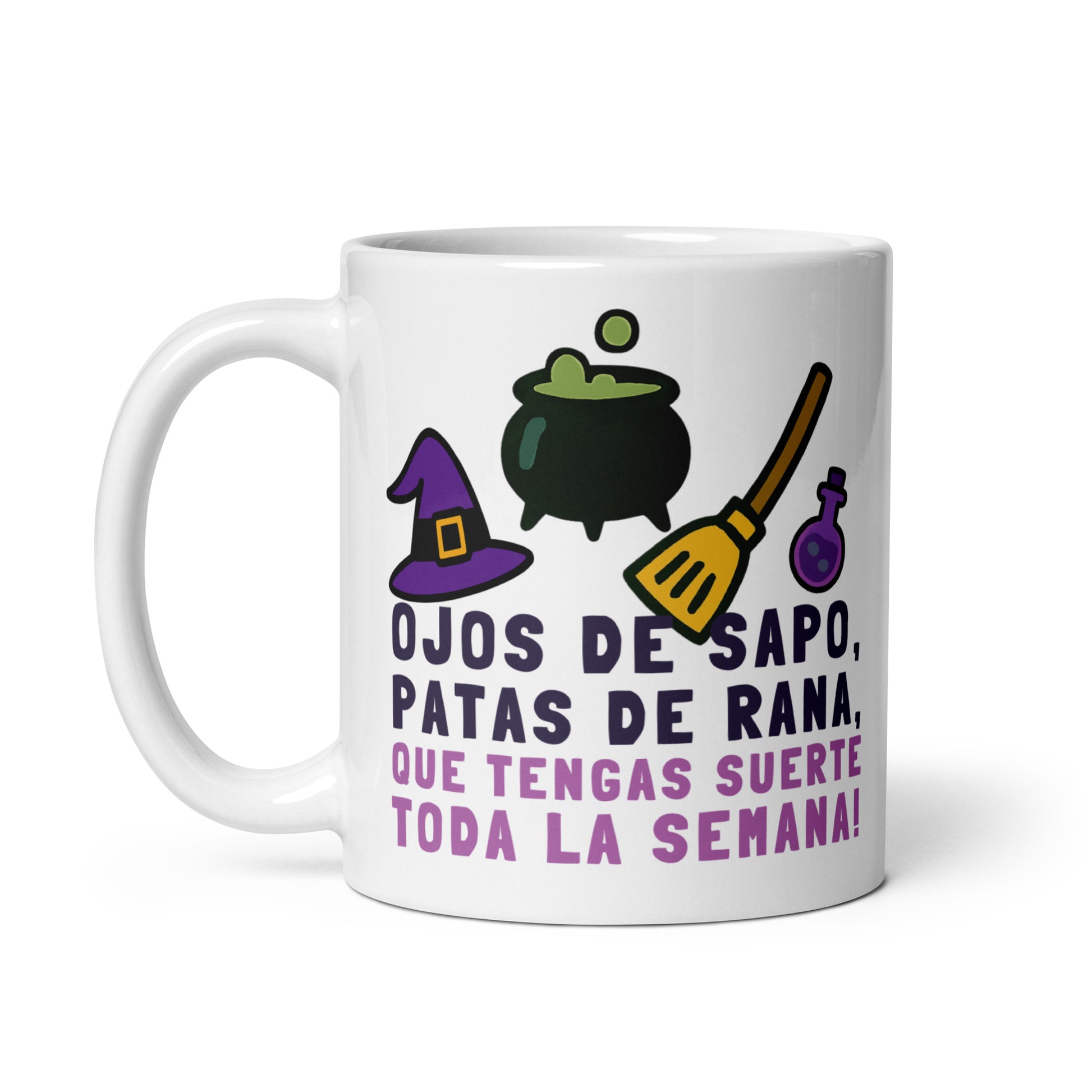 Taza con frase “Ojos de sapo, patas de rana, que tengas suerte toda la semana!” para regalar en Halloween con encanto