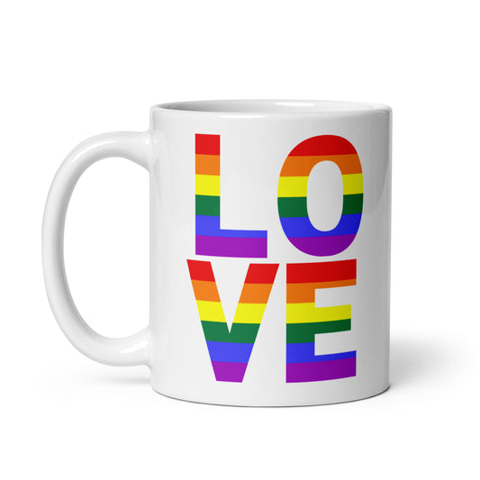 Taza con diseño LOVE en colores de la bandera inclusiva