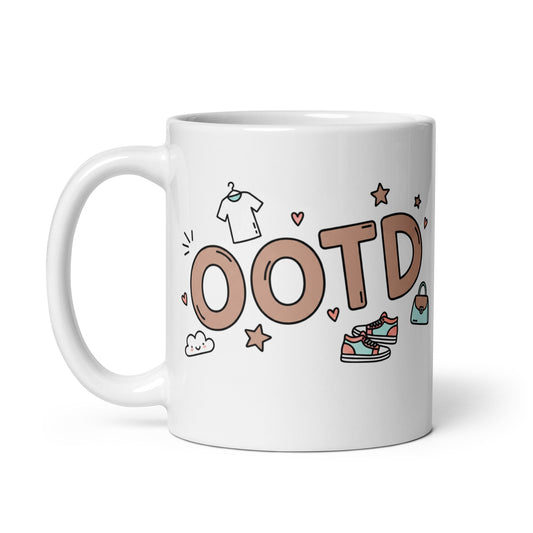 Taza con frase “OOTD Outfit Of The Day” para amantes de la moda