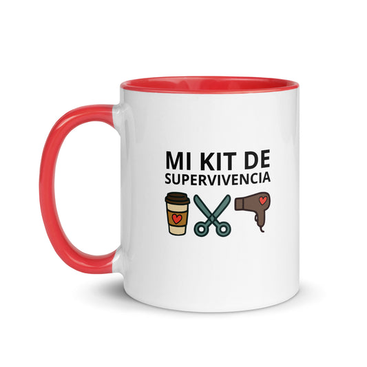 Taza con ilustración de secador, café y tijeras, estilo divertido