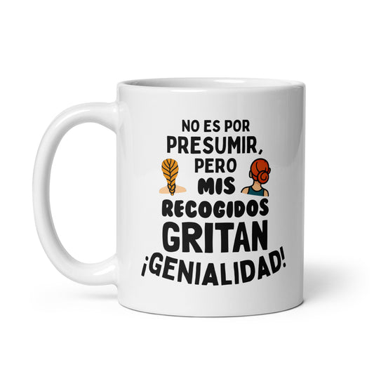 Taza con frase “Mis recogidos gritan ¡genialidad!” en diseño sofisticado