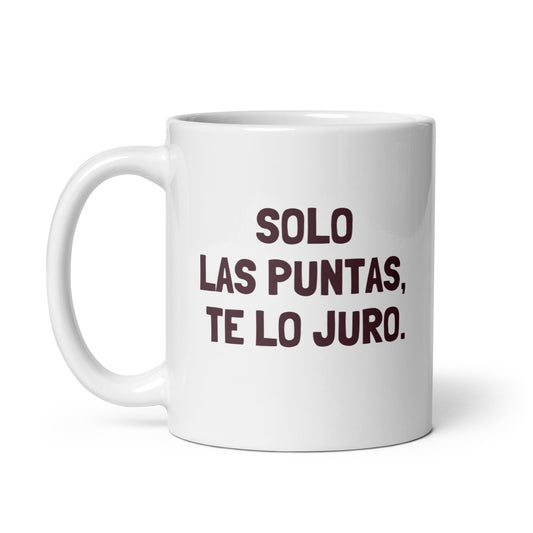 Taza con frase “Solo las puntas, te lo juro” en tipografía informal