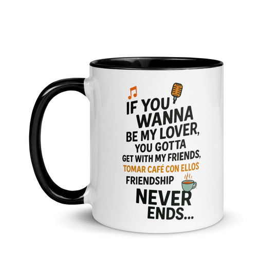 Taza con frase “If you wanna be my lover... tomar café con ellos” para fans del pop