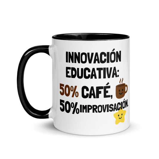 Taza con frase “Innovación educativa: 50% café, 50% improvisación”