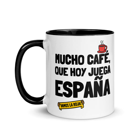 Taza con frase “Mucho café, que hoy juega España” para aficionados