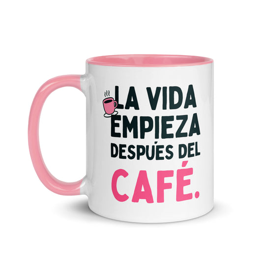 Taza con frase “La vida empieza después del café” para amantes del café