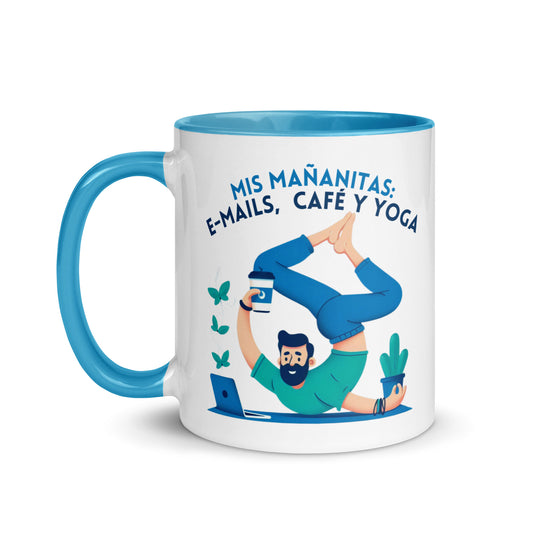 Taza con frase “Mis mañanitas: emails, café y yoga” para yoguis urbanos